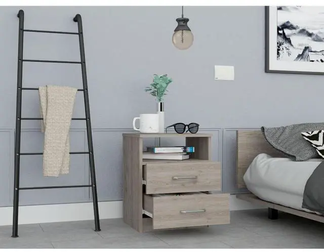 Alt view image 2 of 4 - Napoles Nightstand , End Table, Side Table Superior Top, Two Drawers, One Shelf -Light Gray