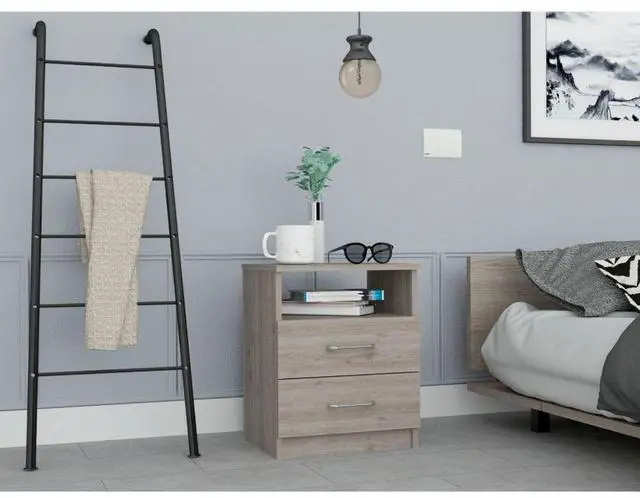 Main image of Napoles Nightstand , End Table, Side Table Superior Top, Two Drawers, One Shelf -Light Gray