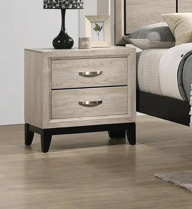 Main image of Contemporary 2-Drawer Nightstand End Table Drift Wood Finish Two Storage Drawers Metal Handles Bedroom Living Room Wooden Furniture
