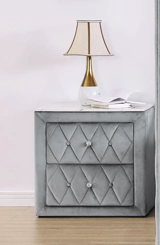 Alt view image 2 of 5 - 1pc Faux Marble Top Nightstand 2- Drawers Storage Gray Finish Button Tufted Faux Crystal Tufted