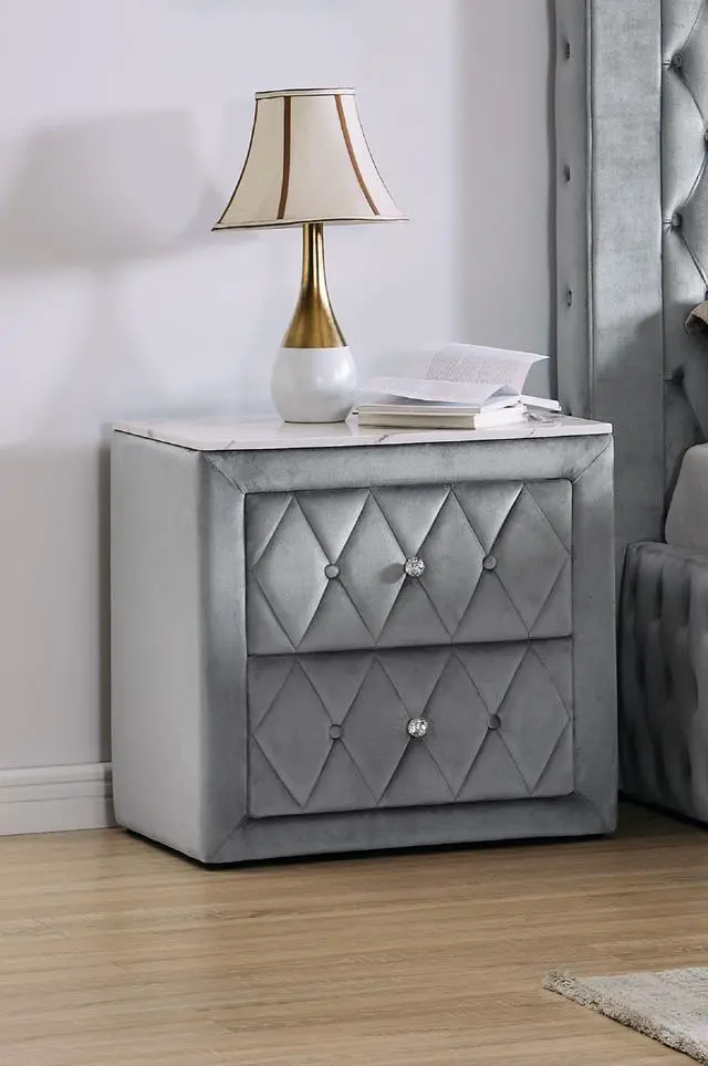 Alt view image 3 of 5 - 1pc Faux Marble Top Nightstand 2- Drawers Storage Gray Finish Button Tufted Faux Crystal Tufted