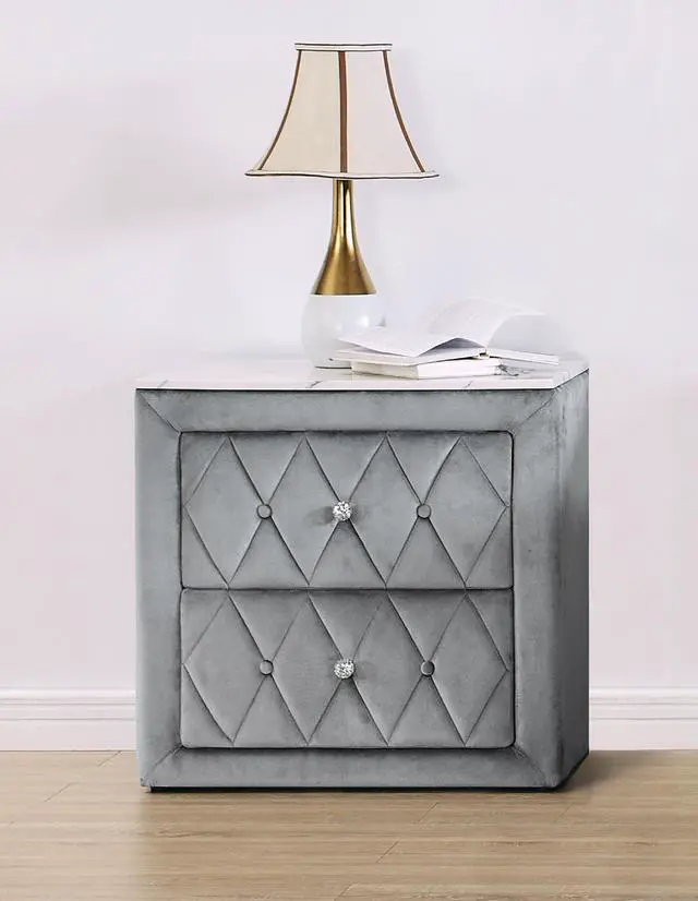 Main image of 1pc Faux Marble Top Nightstand 2- Drawers Storage Gray Finish Button Tufted Faux Crystal Tufted