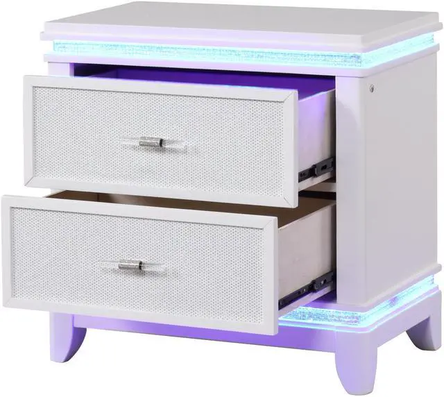 Alt view image 3 of 5 - Opium Modern Style 2-Drawer Nightstand with Mirror-Embellished Front and LED Enhancement in White same as B009127711 (CA inventory)