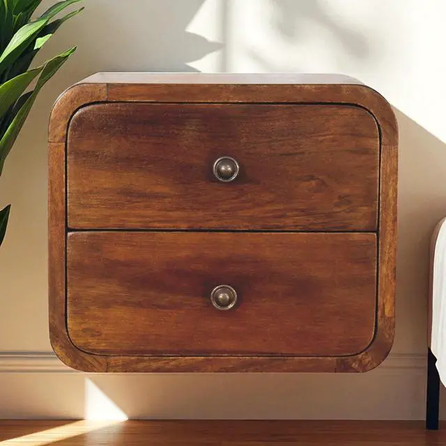 Main image of Solid Wood Floating Mini Chestnut nightstand, 2 Drawers, Shiny knobs