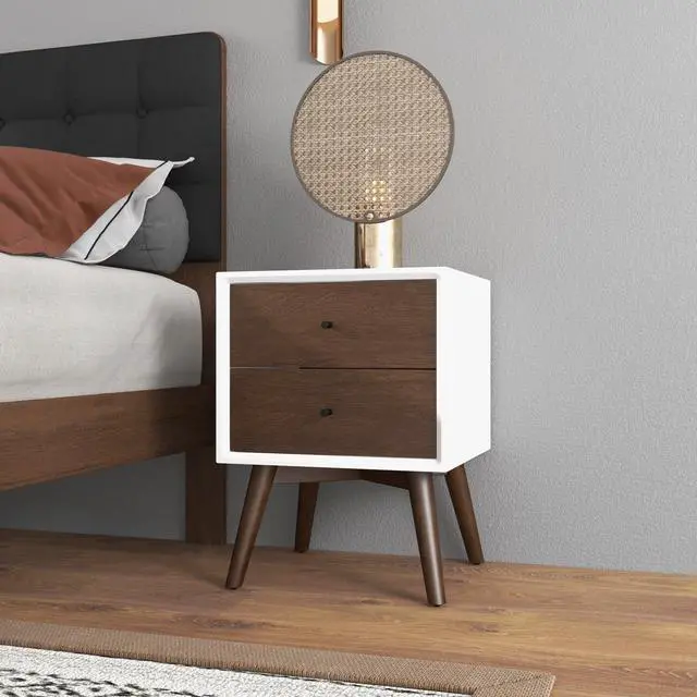 Main image of Caroline Mid Century Modern Style 2-Drawer White Night Stand Solid Wood 23.6"H x 17.7"W x 15.7"D for Bedroom, Hallway, Entryway, Closet