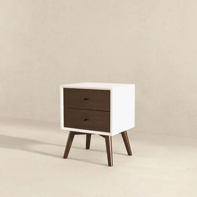 Alt view image 3 of 7 - Caroline Mid Century Modern Style 2-Drawer White Night Stand Solid Wood 23.6"H x 17.7"W x 15.7"D for Bedroom, Hallway, Entryway, Closet