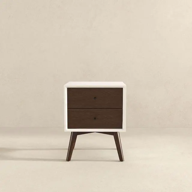 Alt view image 2 of 7 - Caroline Mid Century Modern Style 2-Drawer White Night Stand Solid Wood 23.6"H x 17.7"W x 15.7"D for Bedroom, Hallway, Entryway, Closet