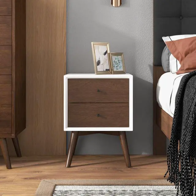 Alt view image 7 of 7 - Caroline Mid Century Modern Style 2-Drawer White Night Stand Solid Wood 23.6"H x 17.7"W x 15.7"D for Bedroom, Hallway, Entryway, Closet