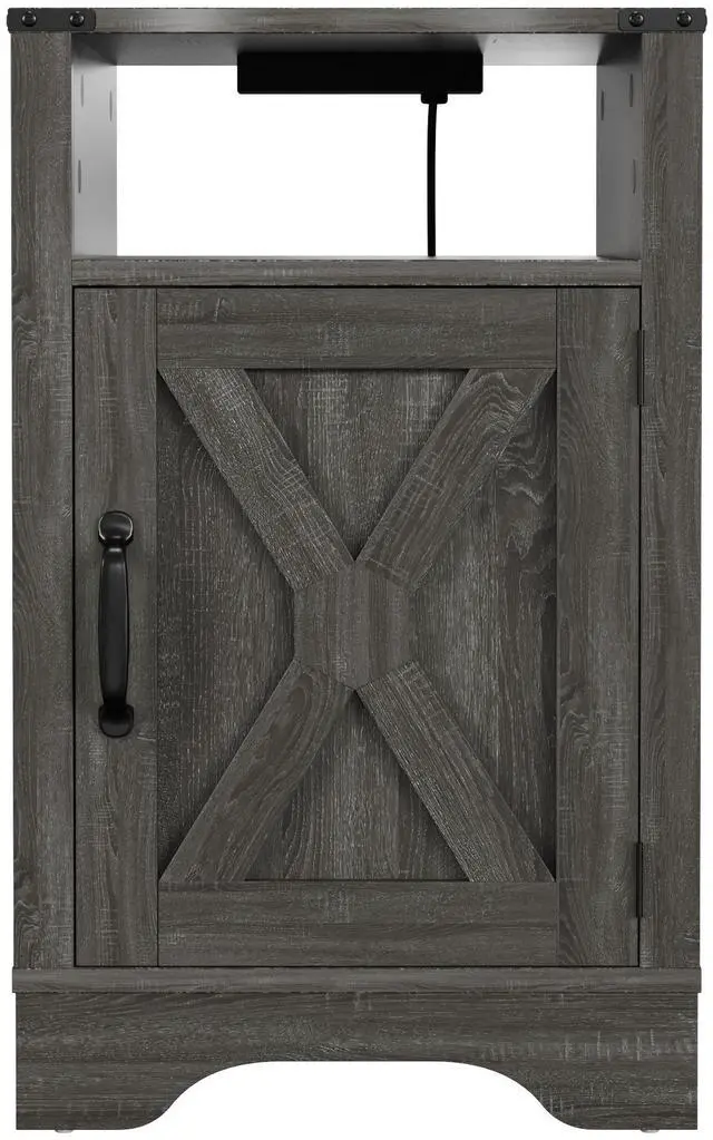 Alt view image 3 of 6 - Farmhouse Nightstand Side Table, Wooden Rustic End Table, Tall Bedside Table with Electrical Outlets Charging Station - Dark Gray