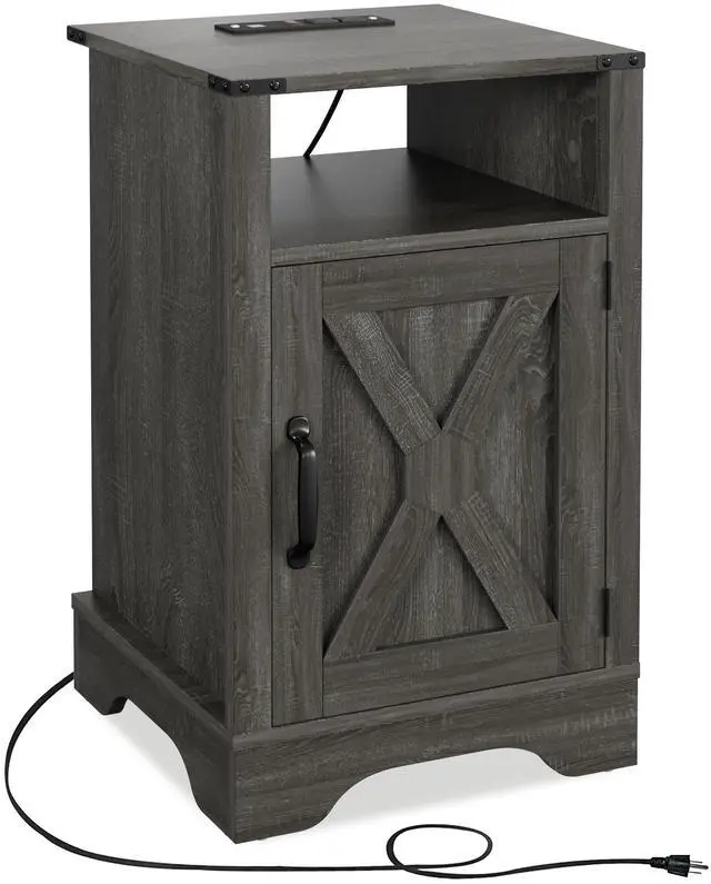 Alt view image 2 of 6 - Farmhouse Nightstand Side Table, Wooden Rustic End Table, Tall Bedside Table with Electrical Outlets Charging Station - Dark Gray