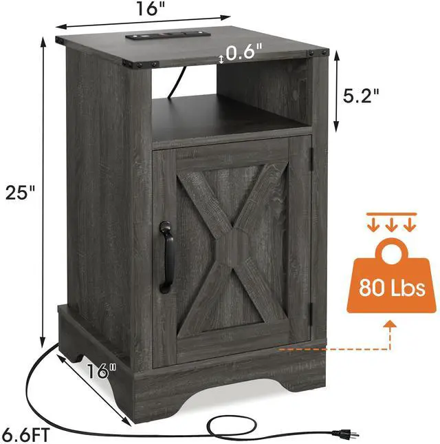 Alt view image 4 of 6 - Farmhouse Nightstand Side Table, Wooden Rustic End Table, Tall Bedside Table with Electrical Outlets Charging Station - Dark Gray