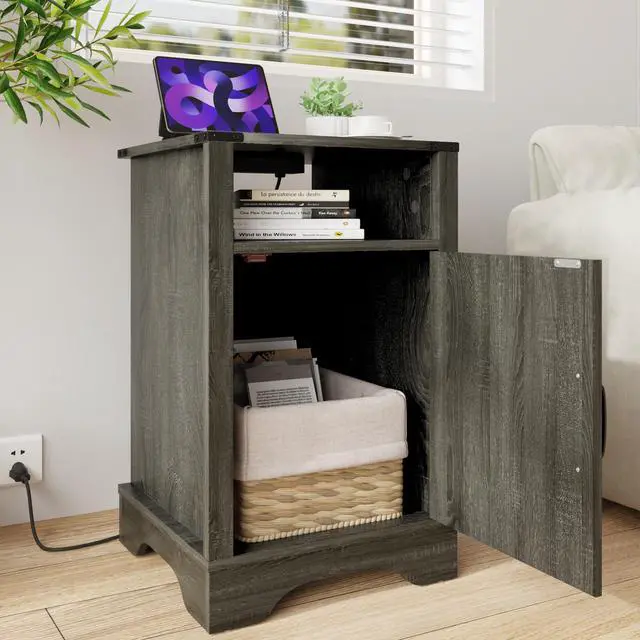 Alt view image 5 of 6 - Farmhouse Nightstand Side Table, Wooden Rustic End Table, Tall Bedside Table with Electrical Outlets Charging Station - Dark Gray