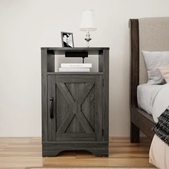 Alt view image 6 of 6 - Farmhouse Nightstand Side Table, Wooden Rustic End Table, Tall Bedside Table with Electrical Outlets Charging Station - Dark Gray