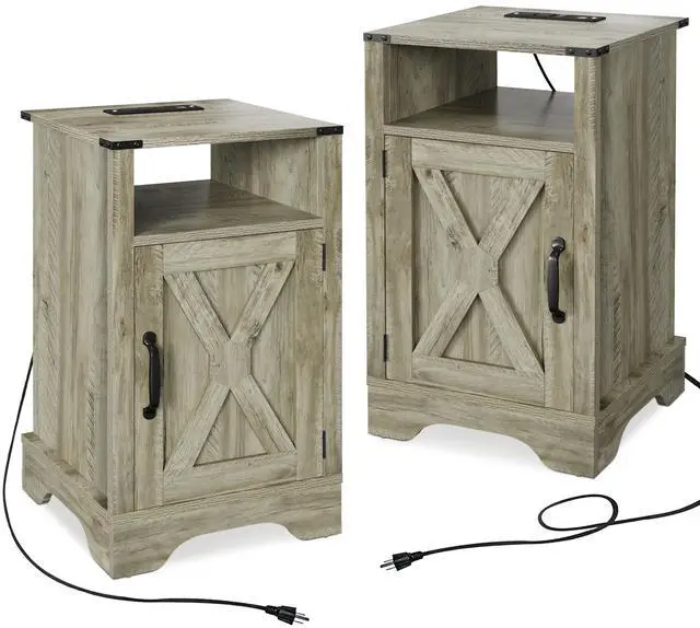 Alt view image 3 of 6 - Farmhouse Nightstand Side Table, Wooden Rustic End Table, Tall Bedside Table with Electrical Outlets Charging Station  (2 Sets) - Light Gray