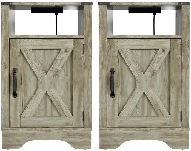 Alt view image 2 of 6 - Farmhouse Nightstand Side Table, Wooden Rustic End Table, Tall Bedside Table with Electrical Outlets Charging Station  (2 Sets) - Light Gray