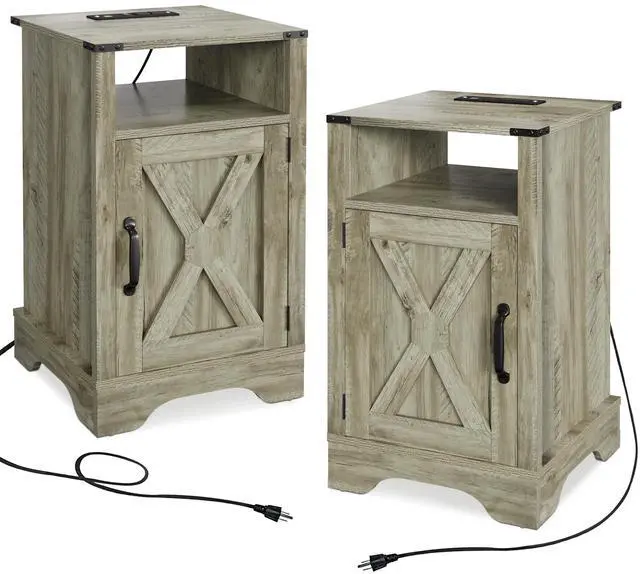 Main image of Farmhouse Nightstand Side Table, Wooden Rustic End Table, Tall Bedside Table with Electrical Outlets Charging Station  (2 Sets) - Light Gray