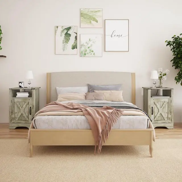 Alt view image 6 of 6 - Farmhouse Nightstand Side Table, Wooden Rustic End Table, Tall Bedside Table with Electrical Outlets Charging Station  (2 Sets) - Light Gray