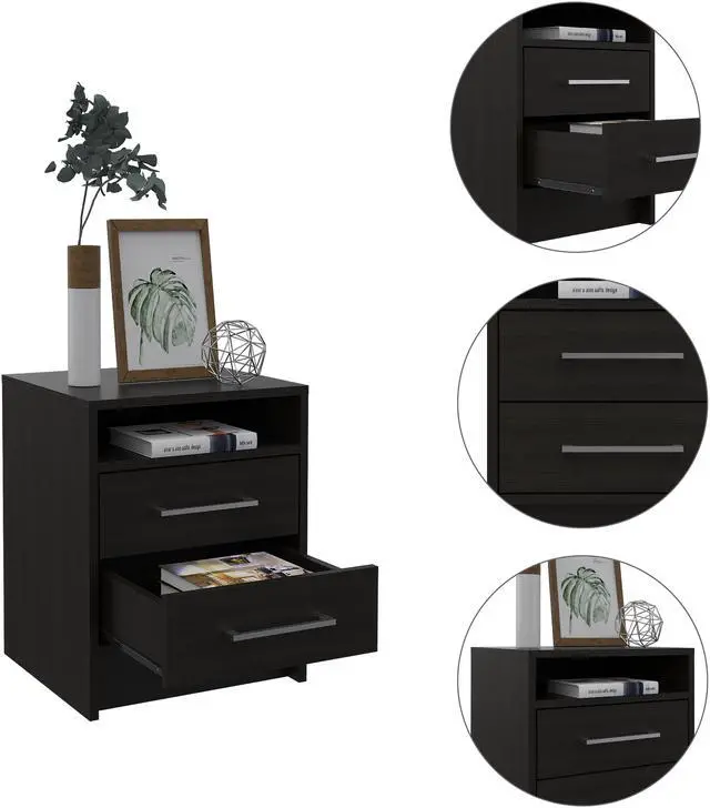 Alt view image 3 of 6 - Rowley 2-Drawer 1-Shelf Rectangle Nightstand Black Wengue