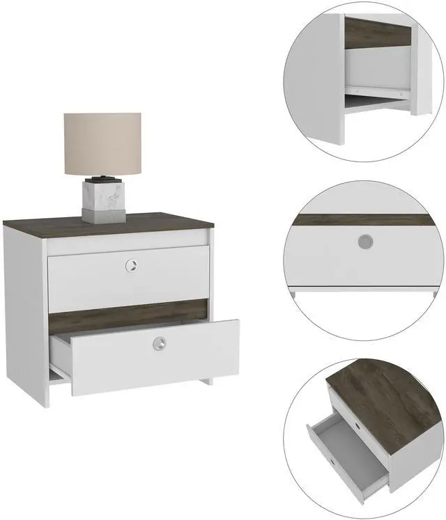 Alt view image 3 of 7 - Otom Nightstand , Superior Top, One Open Shelf, One Drawer, Four Legs -Smokey Oak / White