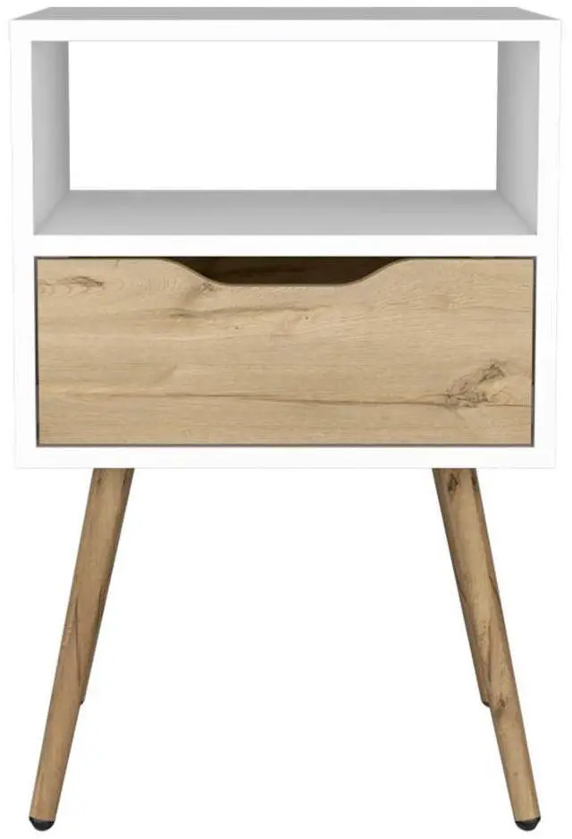 Alt view image 2 of 7 - Otom Nightstand , Superior Top, One Open Shelf, One Drawer, Four Legs -White / Light Oak