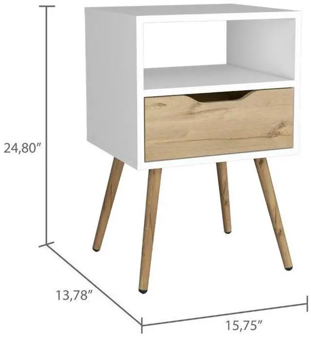 Alt view image 4 of 7 - Otom Nightstand , Superior Top, One Open Shelf, One Drawer, Four Legs -White / Light Oak