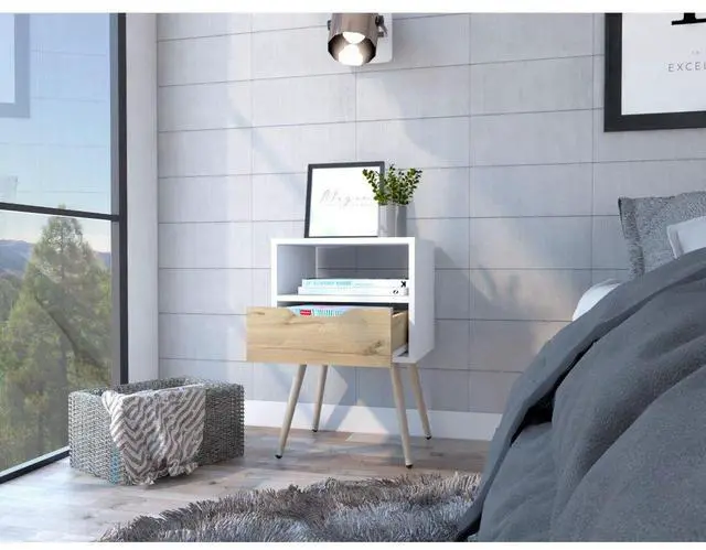 Alt view image 5 of 7 - Otom Nightstand , Superior Top, One Open Shelf, One Drawer, Four Legs -White / Light Oak
