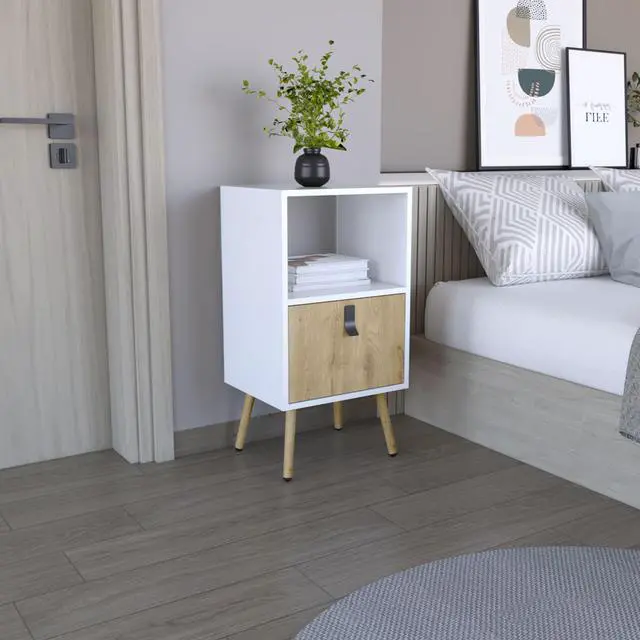Main image of Huna Tall Nightstand with Open Storage and Drawer in Modern Design