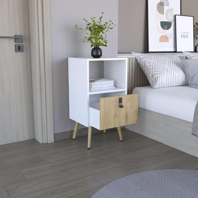 Alt view image 4 of 7 - Huna Tall Nightstand with Open Storage and Drawer in Modern Design