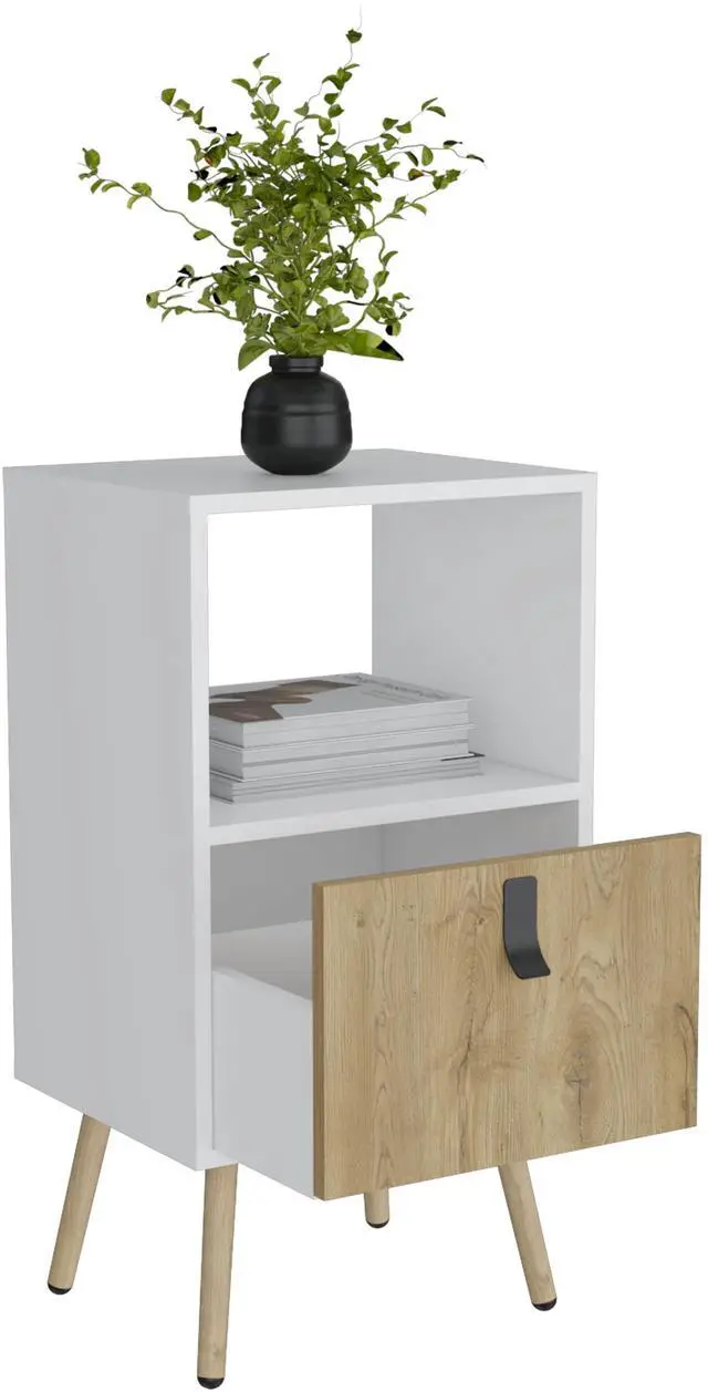 Alt view image 7 of 7 - Huna Tall Nightstand with Open Storage and Drawer in Modern Design