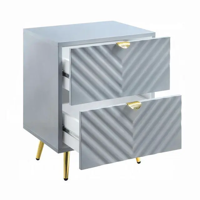 Alt view image 4 of 6 - Modern Glam High Gloss Gray Finish Two Storage Drawers Nightstand 1pc Gold Metal Legs Bedside Table Wooden Furniture