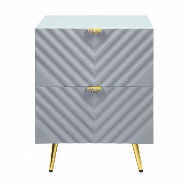 Alt view image 2 of 6 - Modern Glam High Gloss Gray Finish Two Storage Drawers Nightstand 1pc Gold Metal Legs Bedside Table Wooden Furniture