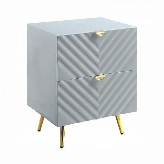 Alt view image 3 of 6 - Modern Glam High Gloss Gray Finish Two Storage Drawers Nightstand 1pc Gold Metal Legs Bedside Table Wooden Furniture