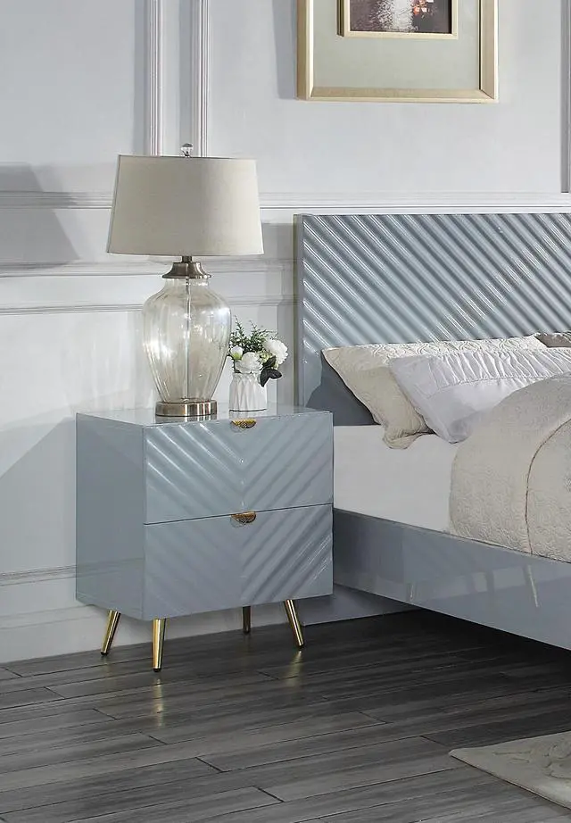 Main image of Modern Glam High Gloss Gray Finish Two Storage Drawers Nightstand 1pc Gold Metal Legs Bedside Table Wooden Furniture