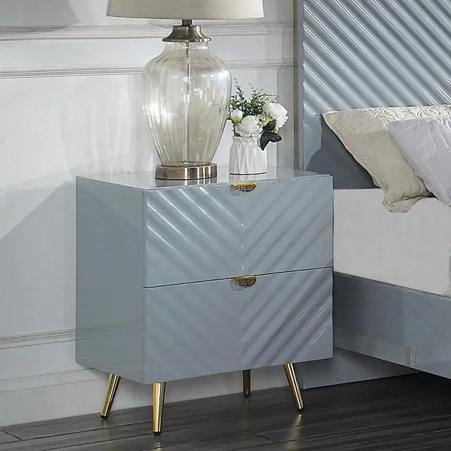 Alt view image 6 of 6 - Modern Glam High Gloss Gray Finish Two Storage Drawers Nightstand 1pc Gold Metal Legs Bedside Table Wooden Furniture