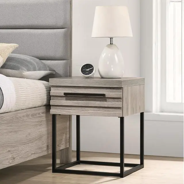 Main image of Alvear Contemporary Wood Nightstand with Metal Base, One Size, Nightstand ONLY, Weathered Gray