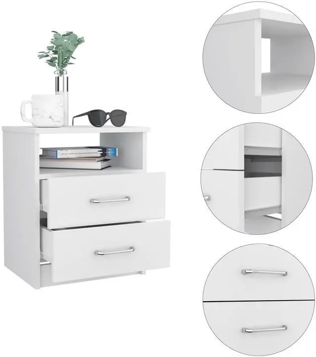 Alt view image 3 of 5 - Napoles Nightstand , End Table, Side Table Superior Top, Two Drawers, One Shelf -White