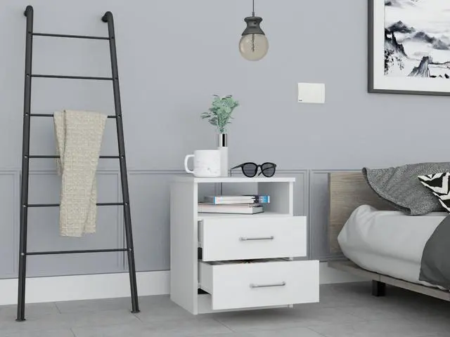 Alt view image 2 of 5 - Napoles Nightstand , End Table, Side Table Superior Top, Two Drawers, One Shelf -White