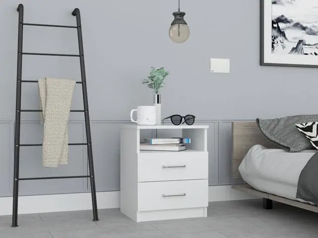 Main image of Napoles Nightstand , End Table, Side Table Superior Top, Two Drawers, One Shelf -White
