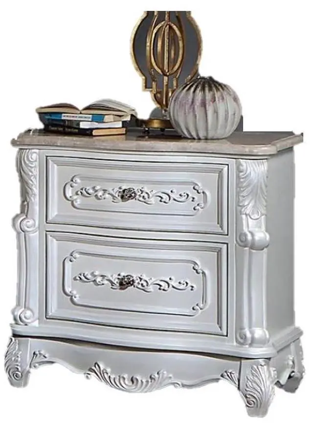 Alt view image 3 of 7 - Pearl White Traditional 1pc Nightstand Only Solid wood 2-Drawers Round Knobs Bedside Table Genuine Marble Top on Night Stand Bedroom Furniture