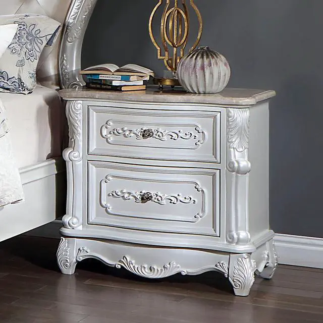 Main image of Pearl White Traditional 1pc Nightstand Only Solid wood 2-Drawers Round Knobs Bedside Table Genuine Marble Top on Night Stand Bedroom Furniture