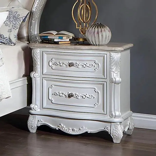 Alt view image 4 of 7 - Pearl White Traditional 1pc Nightstand Only Solid wood 2-Drawers Round Knobs Bedside Table Genuine Marble Top on Night Stand Bedroom Furniture