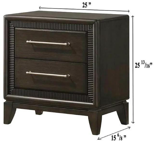 Alt view image 4 of 5 - 1pc Dark Brown Finish Two Drawers Nightstand Bar Handles Tapered Feet Bedroom Wooden Furniture