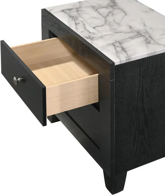 Alt view image 2 of 5 - 1pc Contemporary Modern White Faux Marble Top 2 Drawers Nightstand Black Finish Bedroom Furniture