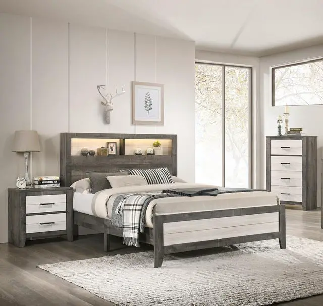 Alt view image 5 of 5 - 1pc Nightstand Two-tone Finish Convenient Bedside Storage Two Drawers Metal Pull Handle Gray Beige