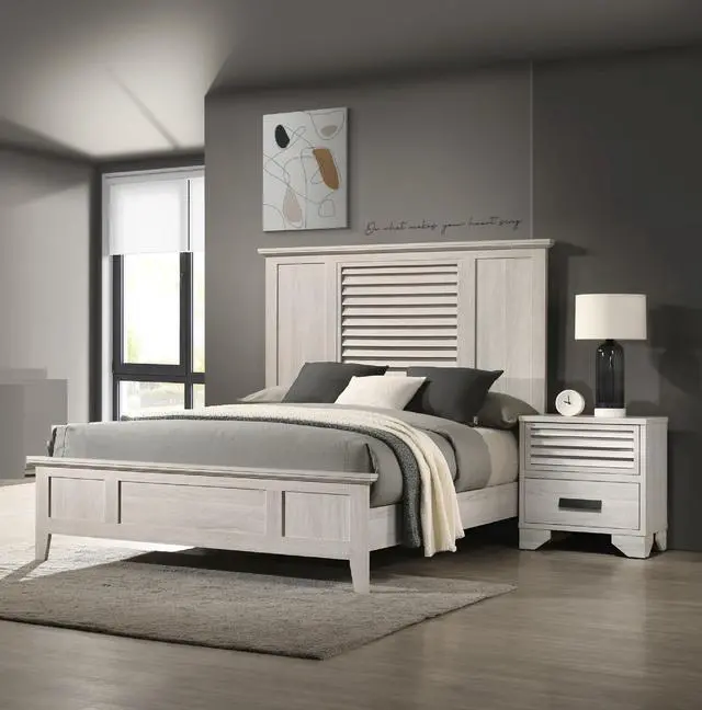 Alt view image 5 of 6 - 1pc Contemporary 2-Drawer Louvered Design Nightstand Finger Pull Hardware Bedroom Wooden Furniture Beige Finish