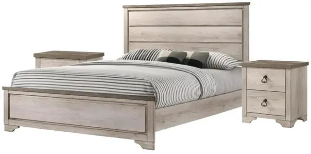 Alt view image 5 of 6 - 1pc Cottage Style Distressed 2 Drawer Nightstand Driftwood Finish Contrasting Weathered Brown Top Traditional Ring Pull Hardware Wooden