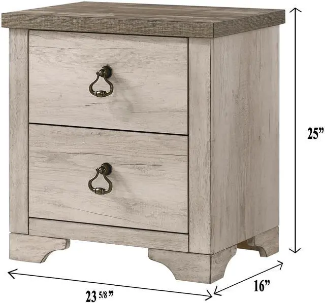 Alt view image 4 of 6 - 1pc Cottage Style Distressed 2 Drawer Nightstand Driftwood Finish Contrasting Weathered Brown Top Traditional Ring Pull Hardware Wooden