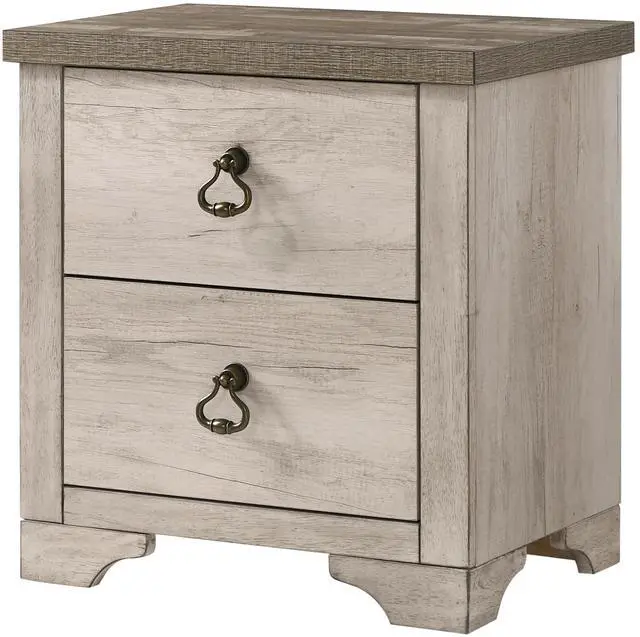 Main image of 1pc Cottage Style Distressed 2 Drawer Nightstand Driftwood Finish Contrasting Weathered Brown Top Traditional Ring Pull Hardware Wooden