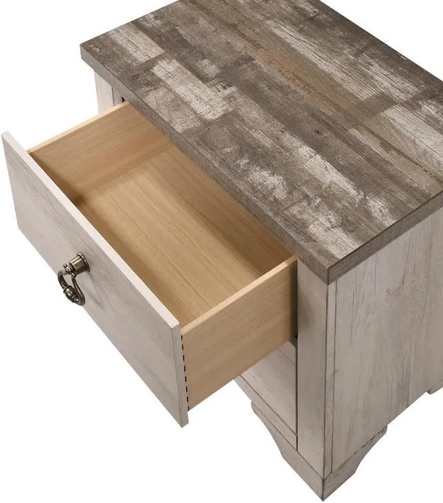Alt view image 2 of 6 - 1pc Cottage Style Distressed 2 Drawer Nightstand Driftwood Finish Contrasting Weathered Brown Top Traditional Ring Pull Hardware Wooden