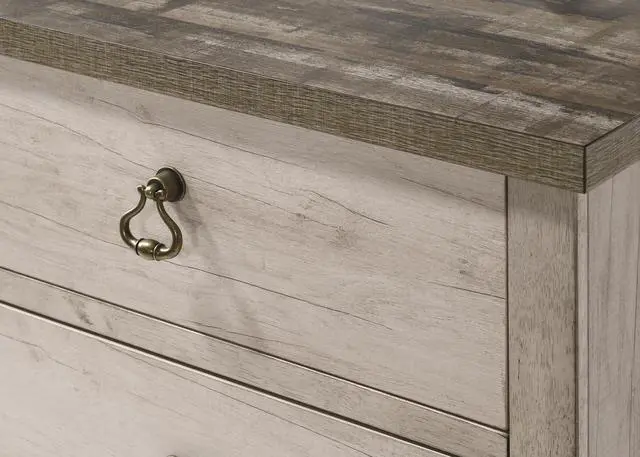 Alt view image 3 of 6 - 1pc Cottage Style Distressed 2 Drawer Nightstand Driftwood Finish Contrasting Weathered Brown Top Traditional Ring Pull Hardware Wooden